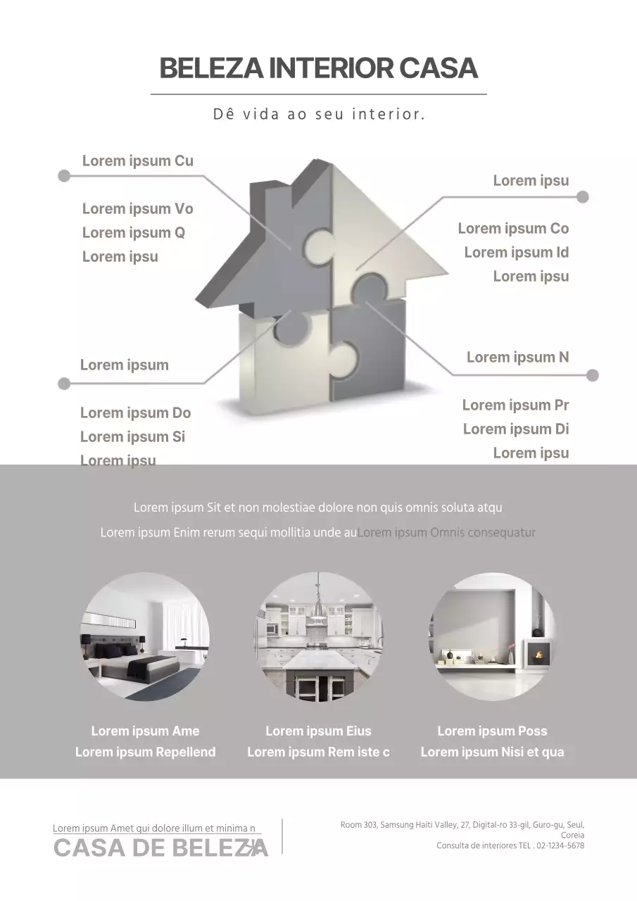 Promova a sua empresa de interiores com uma ilustração de uma casa cinzenta e fotografias de interiores