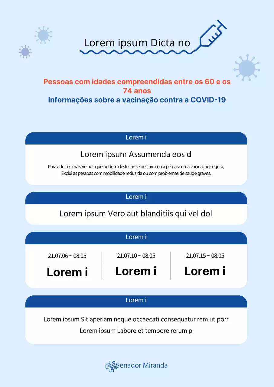 Cartaz vertical de vacinação contra o coronavírus com uma mesa em tons de azul