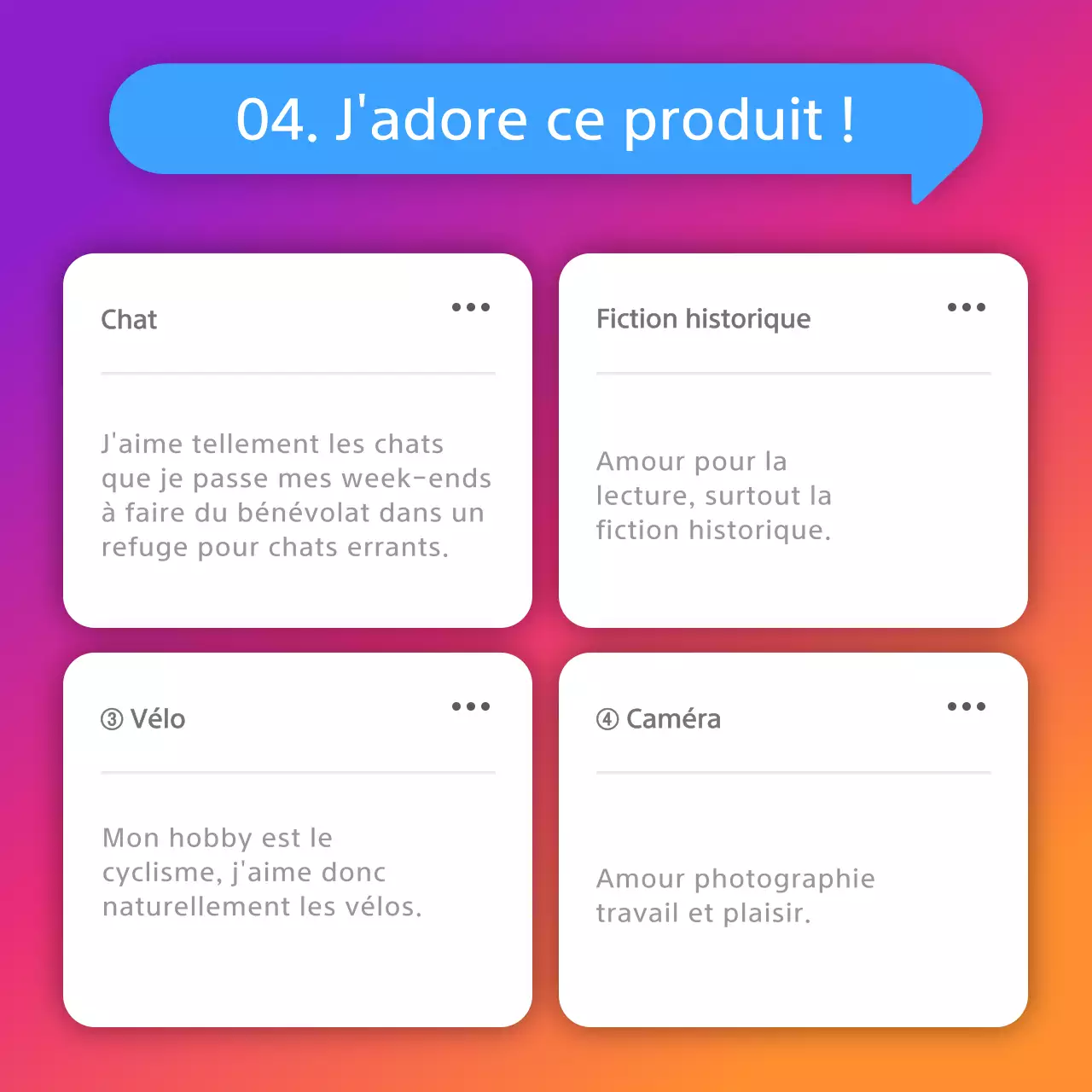 Concept bio inanimé d'Instagram avec des dégradés violet et orange