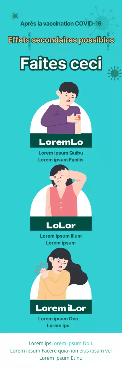 Instructions illustrées sur les effets indésirables des vaccins, avec un fond bleu contrasté et un texte rouge.