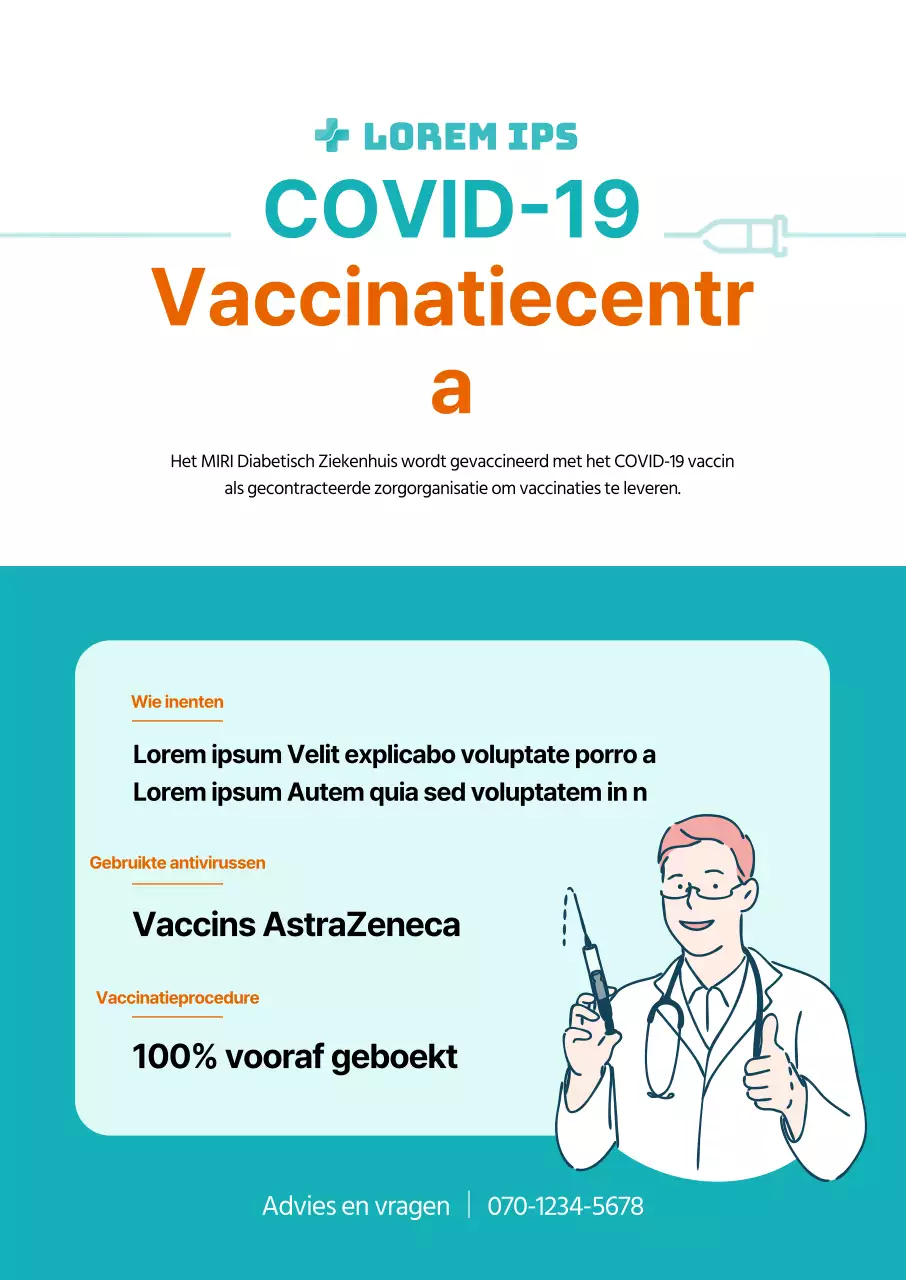 Coronavirusvaccinatie verticale poster met mint en oranje illustraties en tabellen