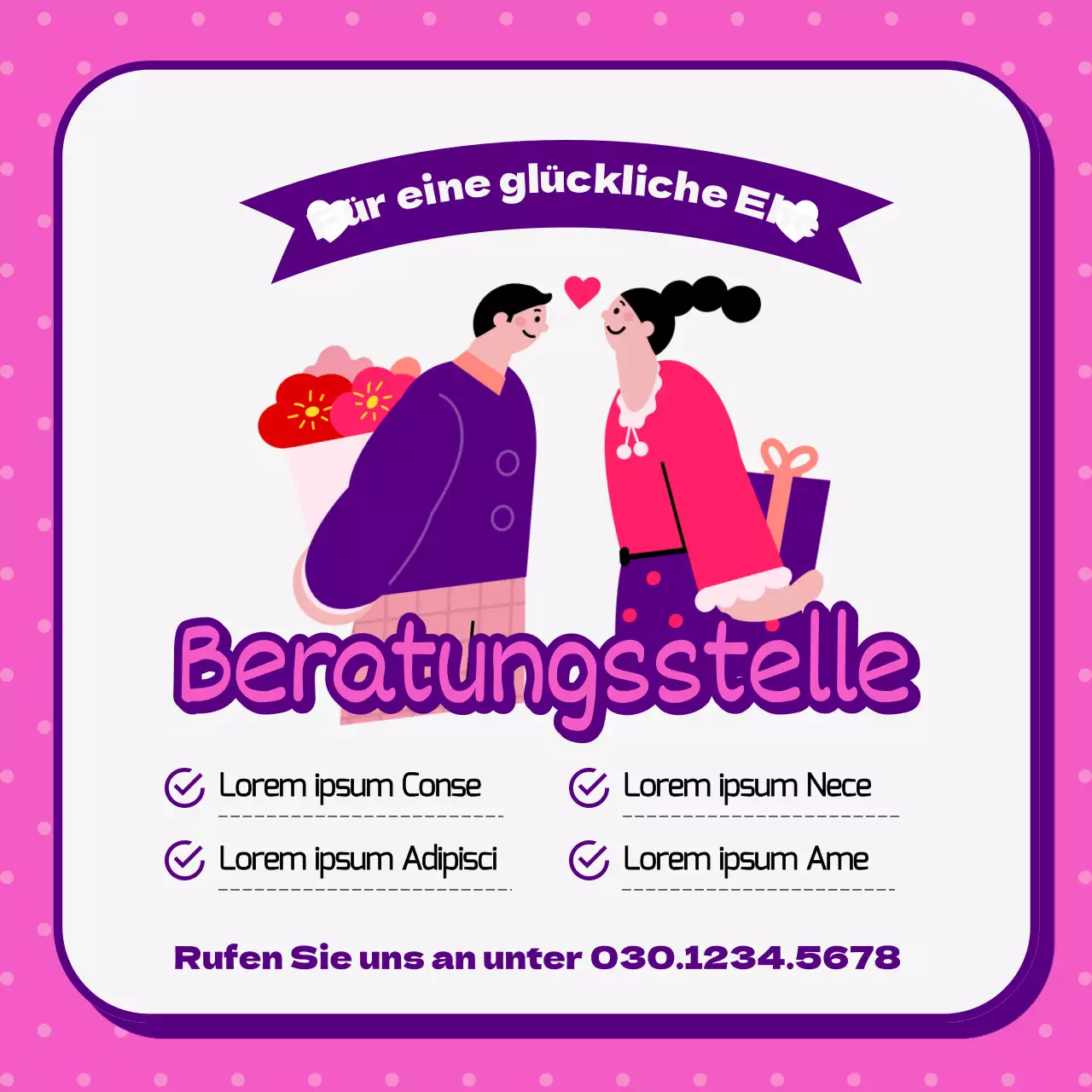 Förderung einer hübschen rosa und lila Paarberatung