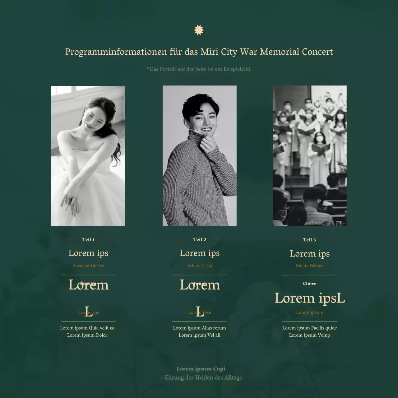 Eine klare orchestrale Konzertankündigung in einer Serifenschrift mit luxuriösen Beige- und Dunkelgrüntönen