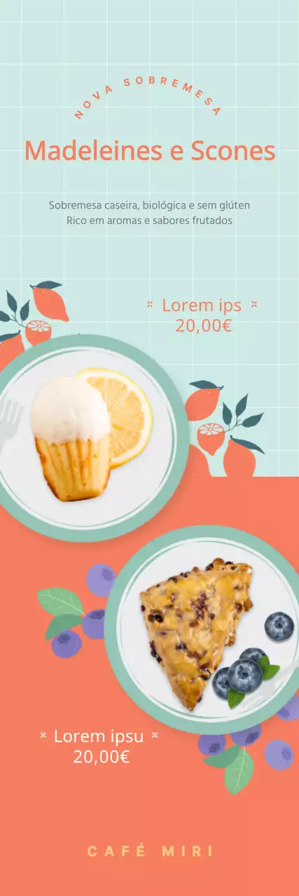 Menu de sobremesa de scones Madeleine, realçado por imagens em azul claro e laranja