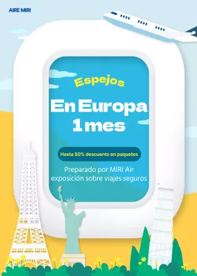 Ilustraciones arquitectónicas icónicas en un bicolor azul-amarillo Ventana emergente para eventos de descuentos en viajes