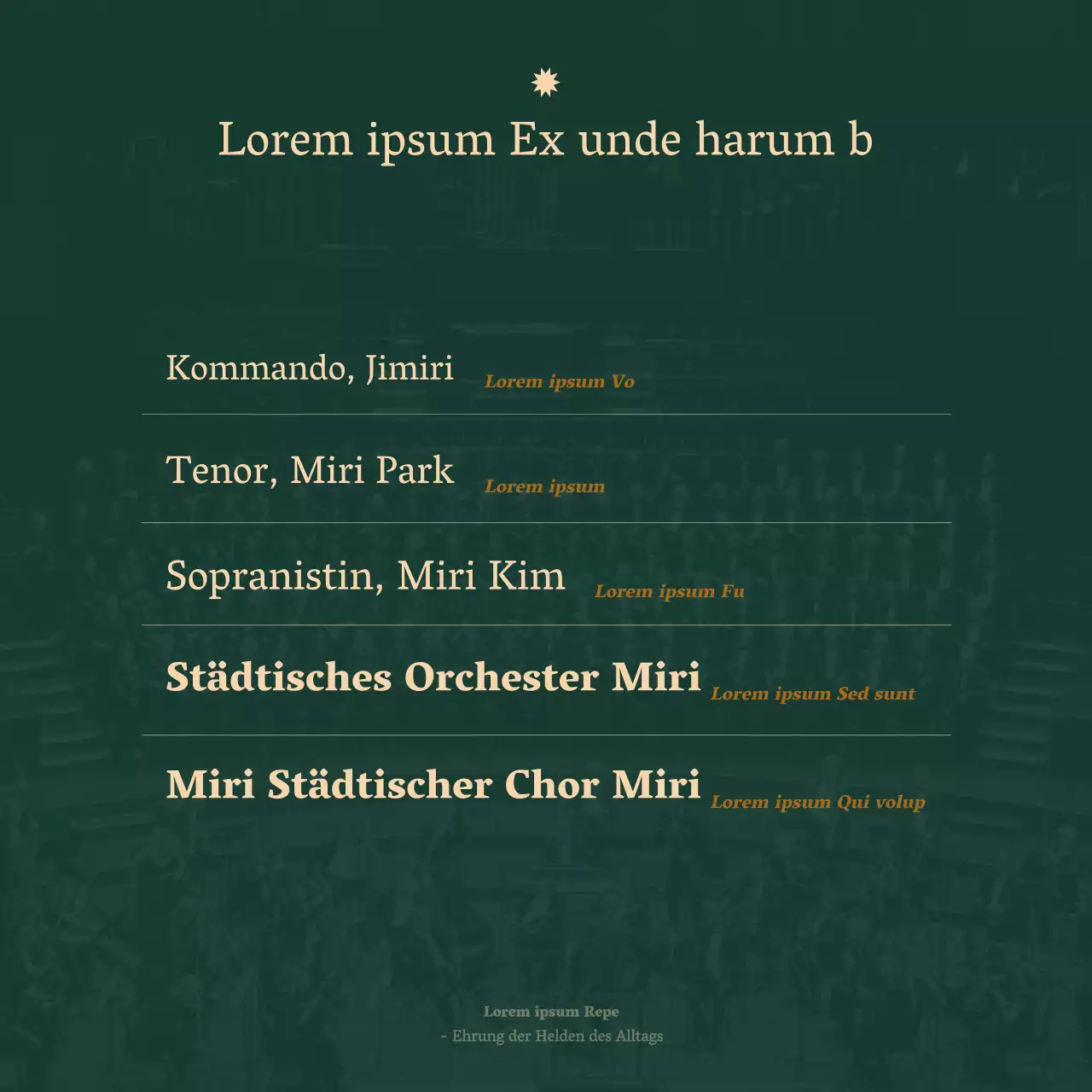 Eine klare orchestrale Konzertankündigung in einer Serifenschrift mit luxuriösen Beige- und Dunkelgrüntönen