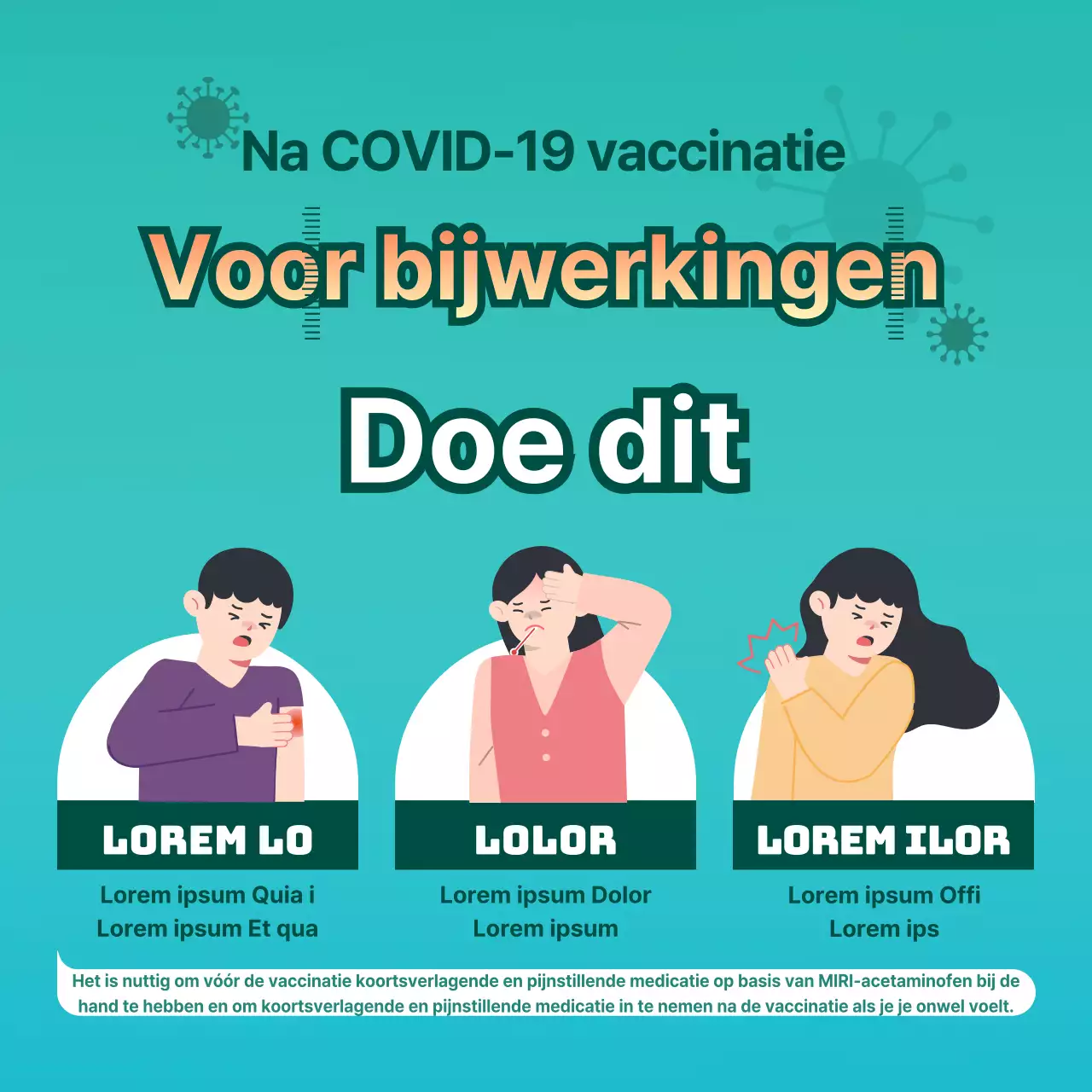  Geïllustreerde instructies voor bijwerkingen van vaccins met contrasterende blauwe achtergrond en rode tekst