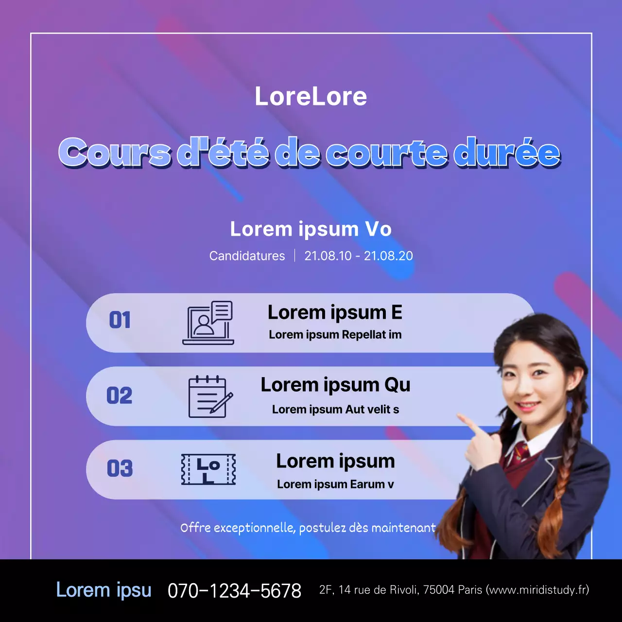 Bannière carrée pour une classe spéciale dans une académie avec un portrait dans les tons violets