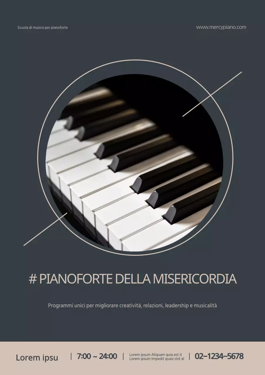 Promuovete una scuola di musica per pianoforte di classe con foto di pianoforti in blu navy e beige.