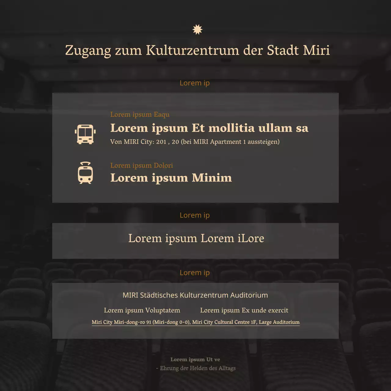 Eine klare orchestrale Konzertankündigung in einer Serifenschrift mit luxuriösen Beige- und Dunkelgrüntönen