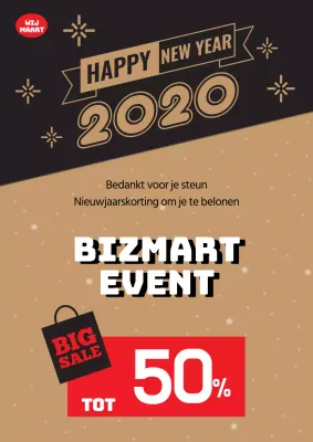 Flyer met nieuwjaarsuitverkoop van een eenvoudige kruidenier in goud en zwart