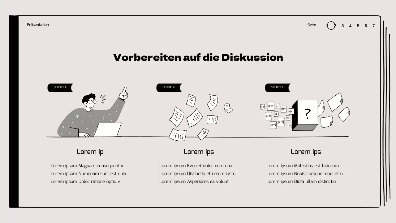 Buchbesprechung im Klassenzimmer mit hervorgehobenen Illustrationen in Beige und Schwarz