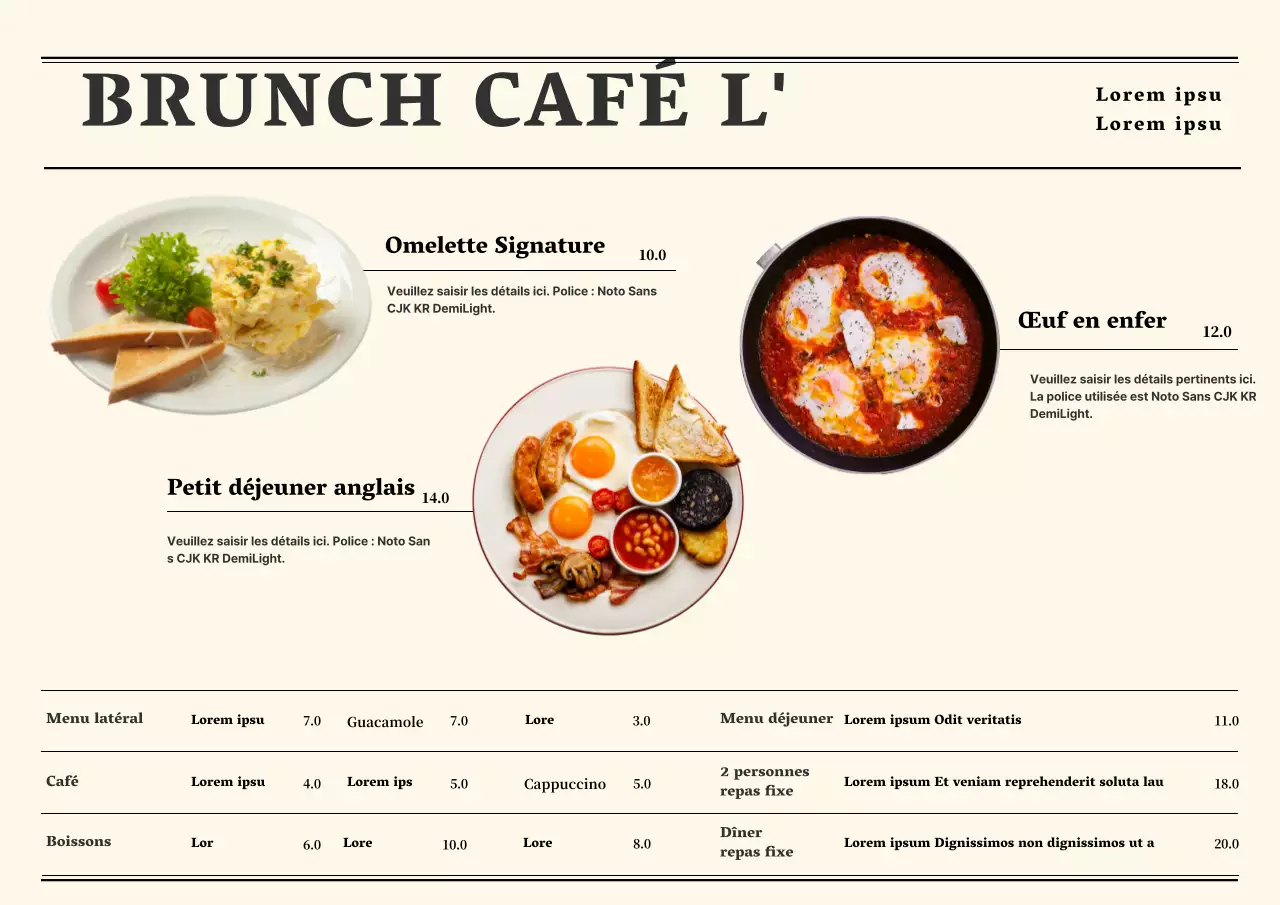 Affiche beige du menu du café brunch
