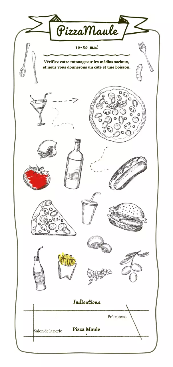 Promotion d'une pizzeria avec un concept de dessin à la plume émotionnel.