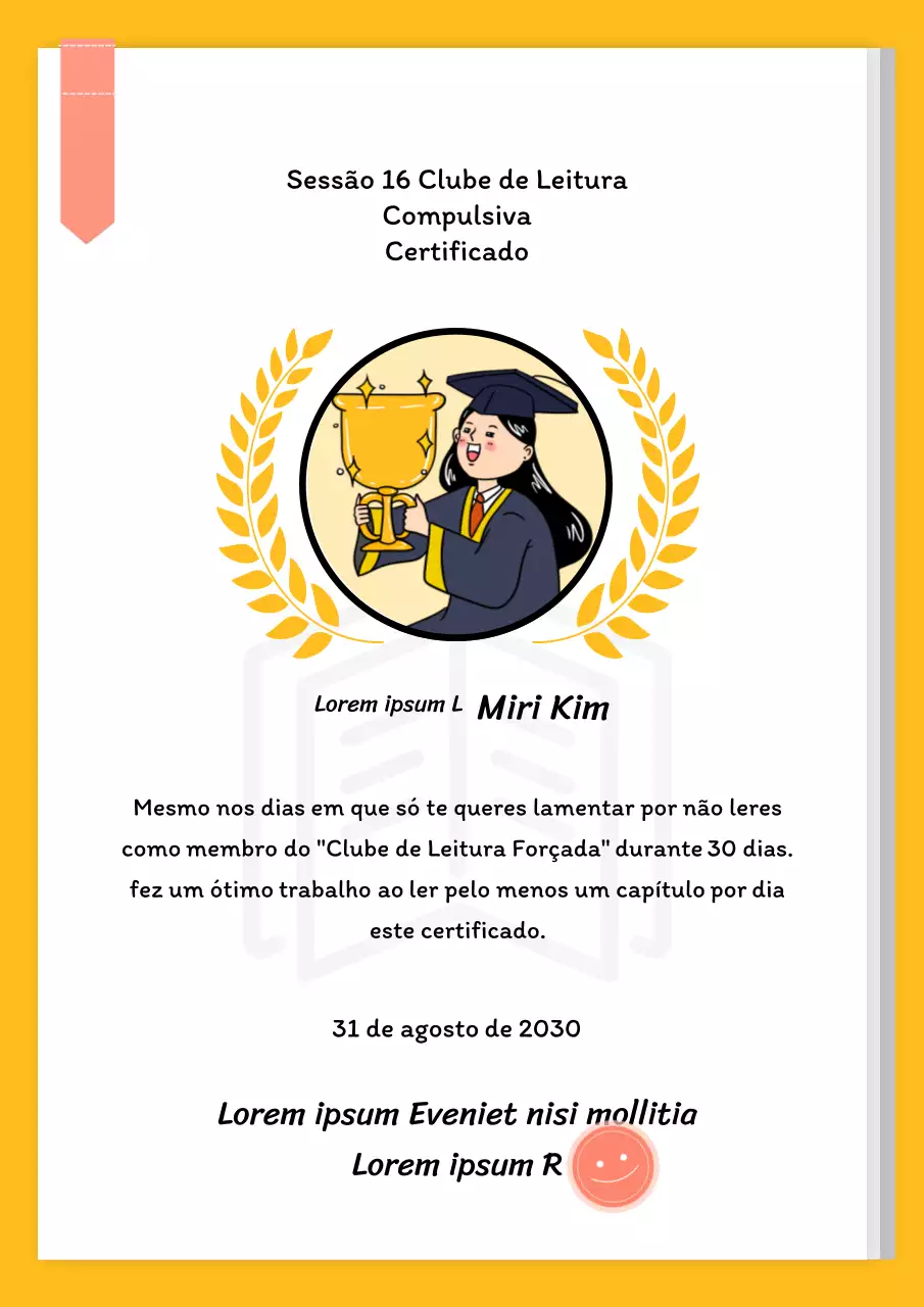 Um certificado amarelo de realização para as actividades de divulgação do clube de leitura