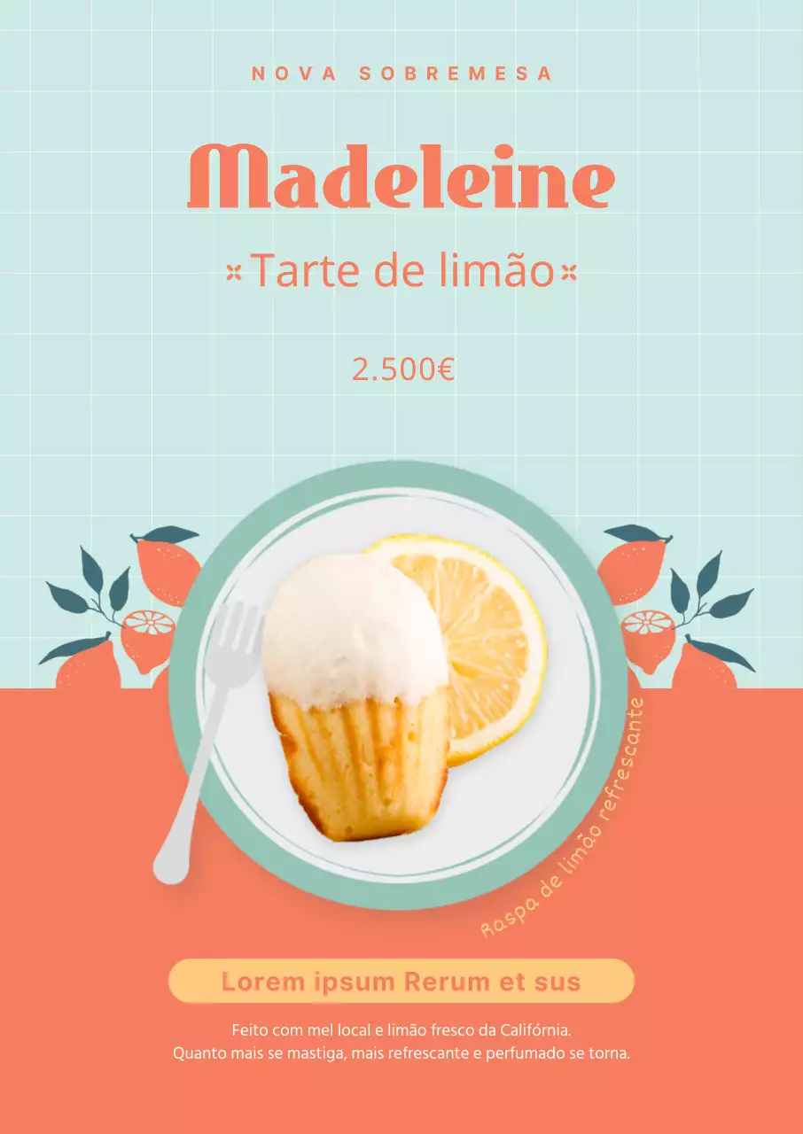 Ementa de sobremesa Madeleine com realces de imagem em azul claro e laranja