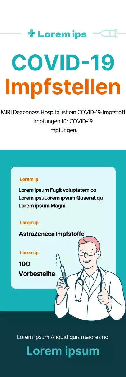 Coronavirus-Impfung X-Banner mit mint- und orangefarbenen Abbildungen und Tabellen