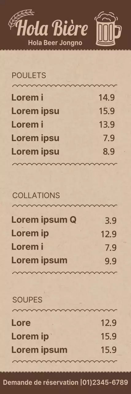 Guide des menus pour une brasserie au concept simple dans les couleurs marron et marron clair