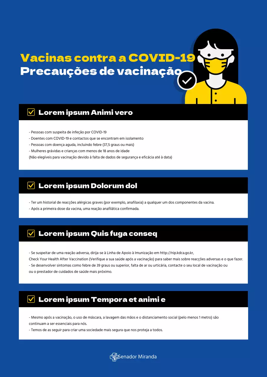 Cartaz vertical de vacinação contra o coronavírus com ilustrações e tabelas em tons de azul.