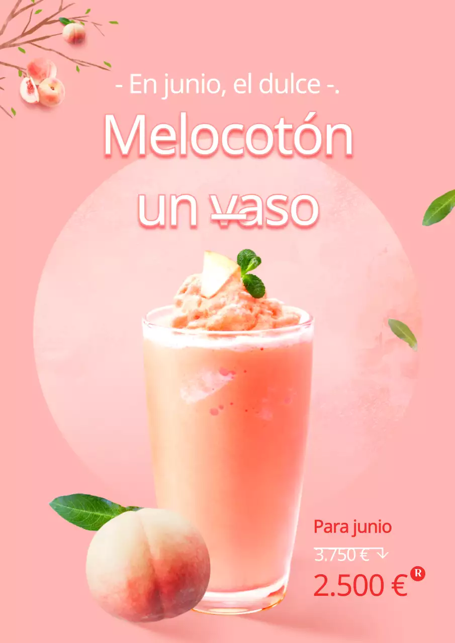 Promocionar un único plato del menú de una cafetería con una foto de una bebida de melocotón rosa.
