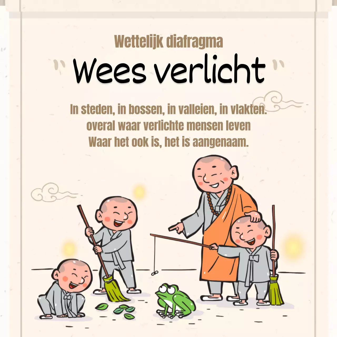 Een verzameling boeddhistische illustraties in beige.