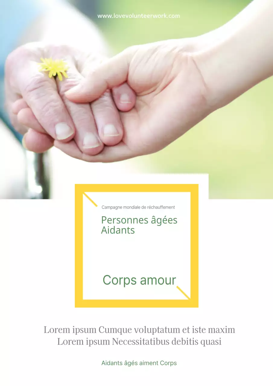 Flyer simple jaune et blanc pour le recrutement de bénévoles pour les soins aux personnes âgées