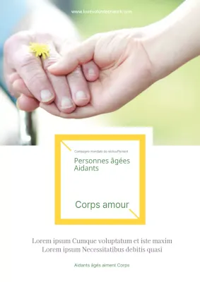 Flyer simple jaune et blanc pour le recrutement de bénévoles pour les soins aux personnes âgées