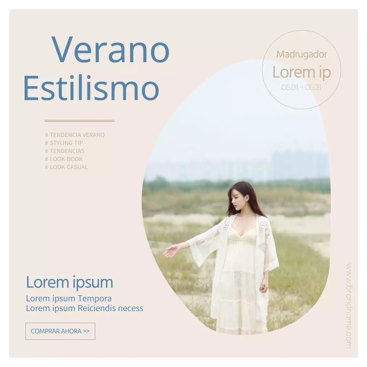 Promover sugerencias de conjuntos veraniegos en beige y azul y eventos (plazas en las redes sociales)