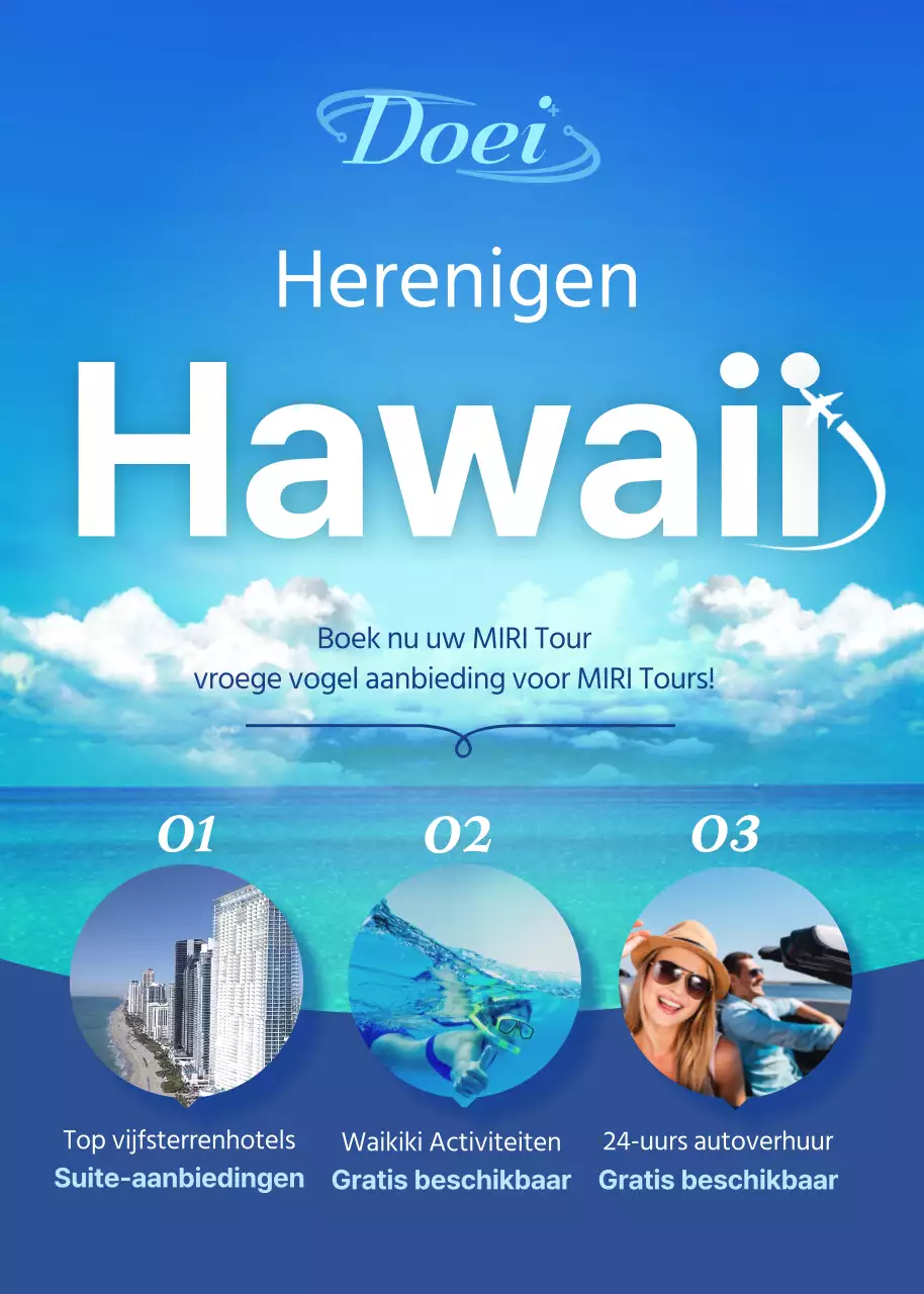 Hawaii tour benefiet evenement met een blauwe, zonnige achtergrond
