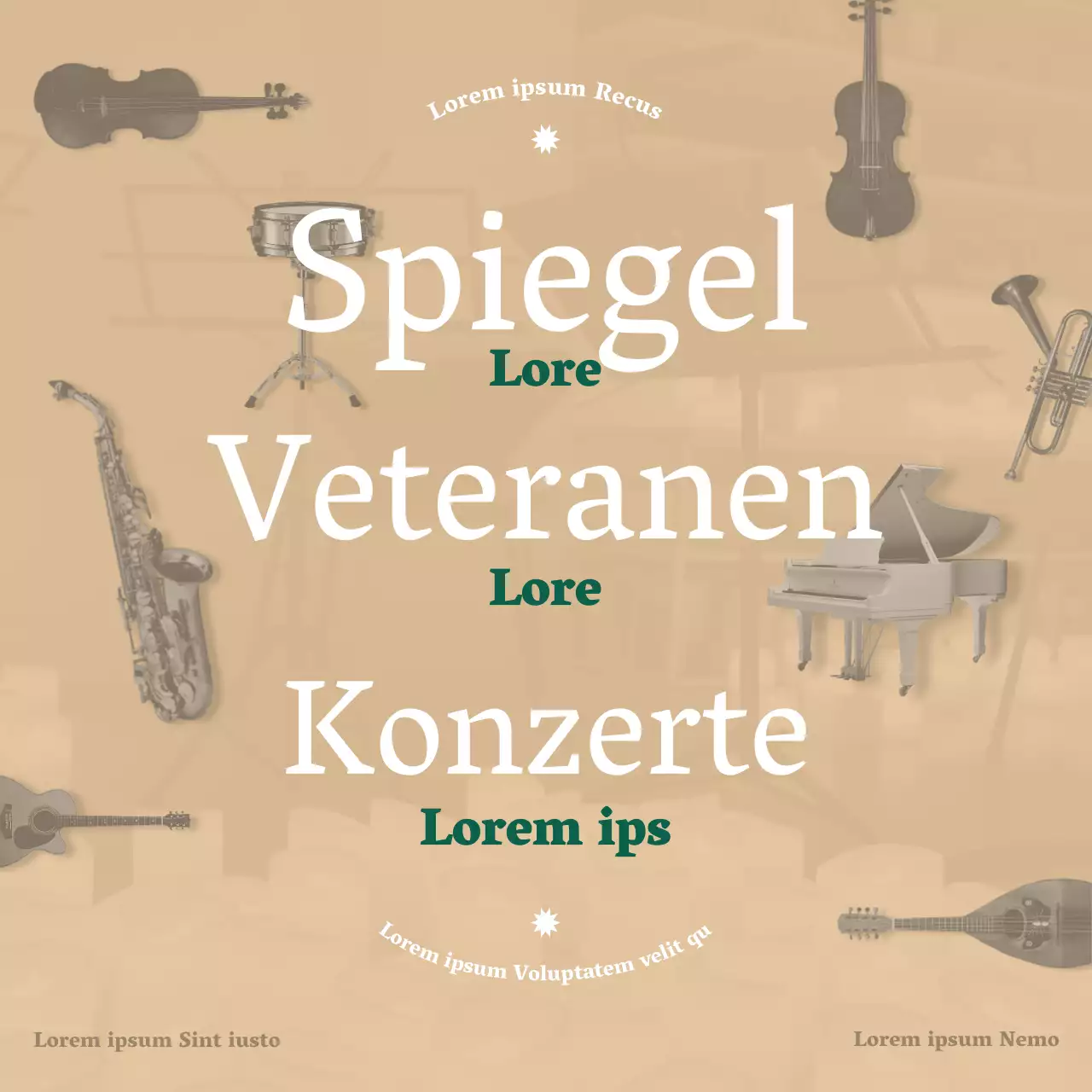 Eine klare orchestrale Konzertankündigung in einer Serifenschrift mit luxuriösen Beige- und Dunkelgrüntönen