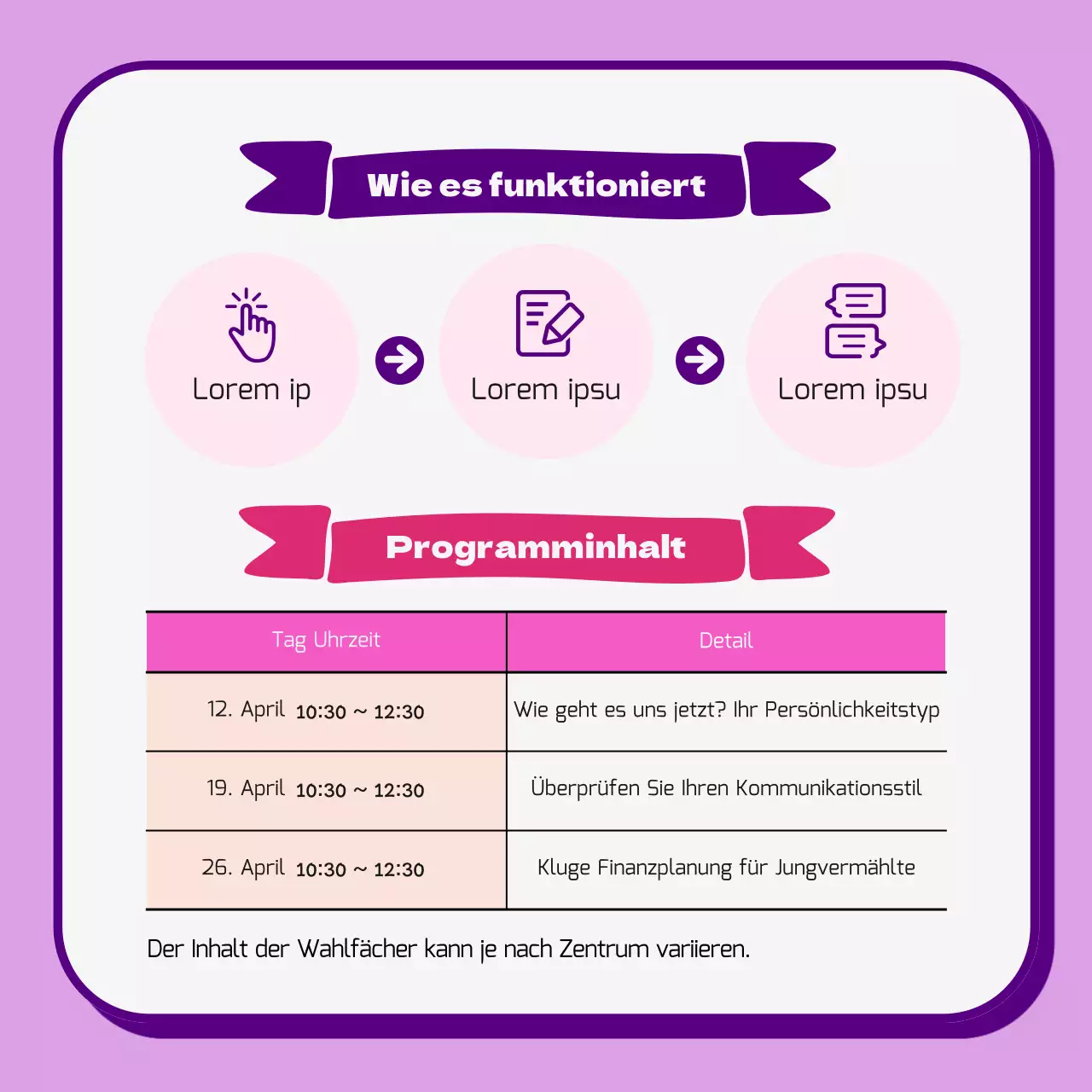 Förderung einer hübschen rosa und lila Paarberatung