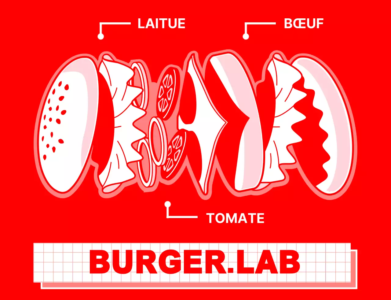 Design épuré pour un magasin de hamburgers avec des illustrations rouges et blanches d'ingrédients de hamburgers.