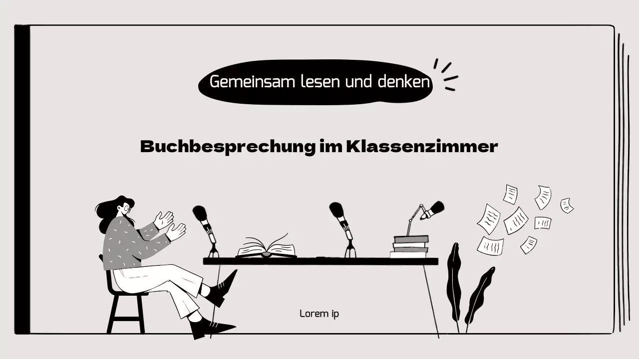 Buchbesprechung im Klassenzimmer mit hervorgehobenen Illustrationen in Beige und Schwarz