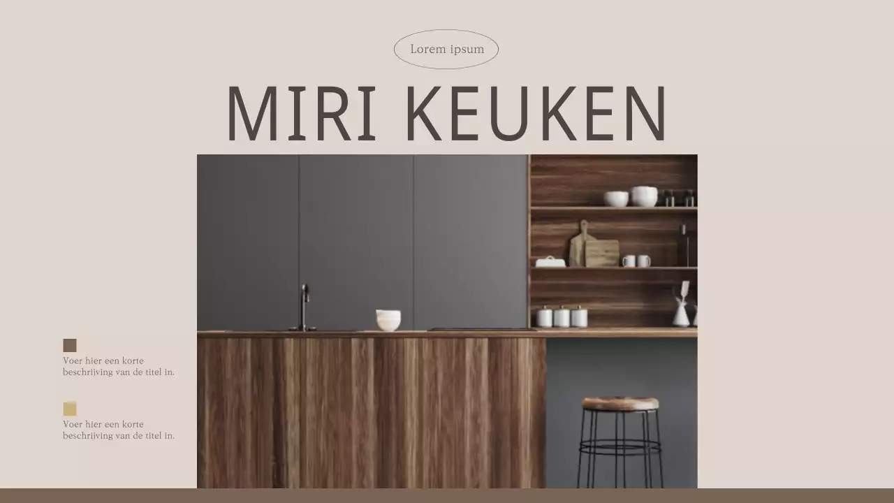Moderne gedeelde keuken in beige en bruin (presentatie)