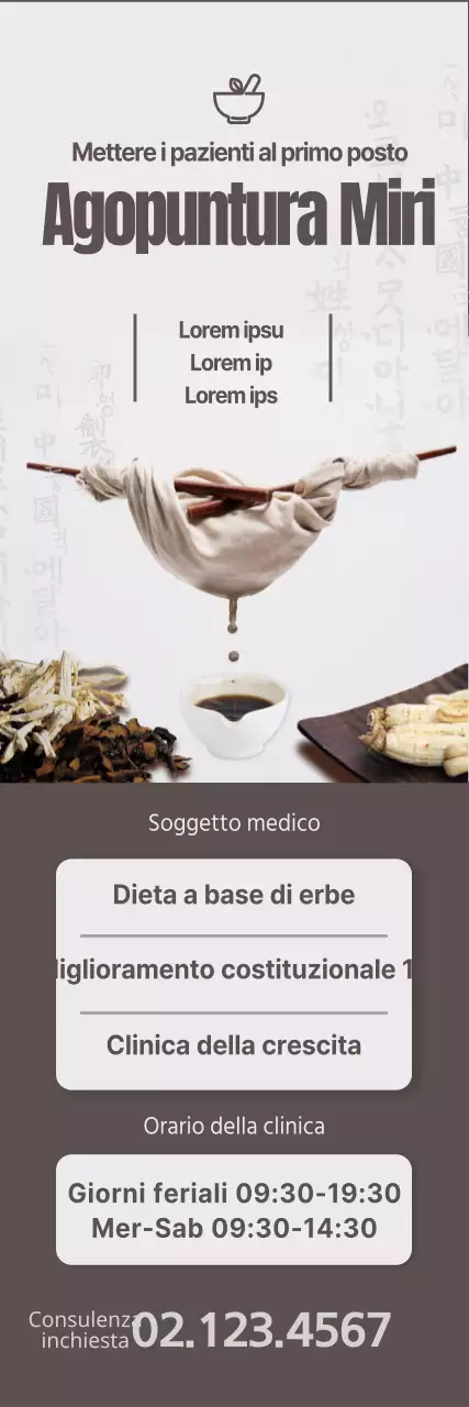 Un concetto semplice in nero, marrone e grigio chiaro per l'ambulatorio di medicina orientale