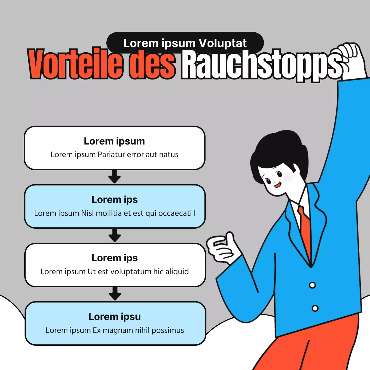 Einfache, niedliche Illustrationen in Rot, Blau und Grau zur Raucherentwöhnung