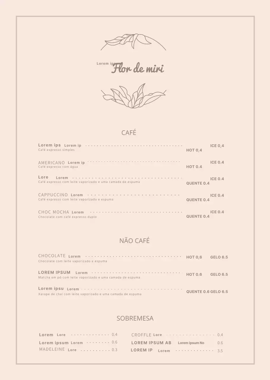 Cartaz de menu de café de flores luxuosas cor-de-rosa
