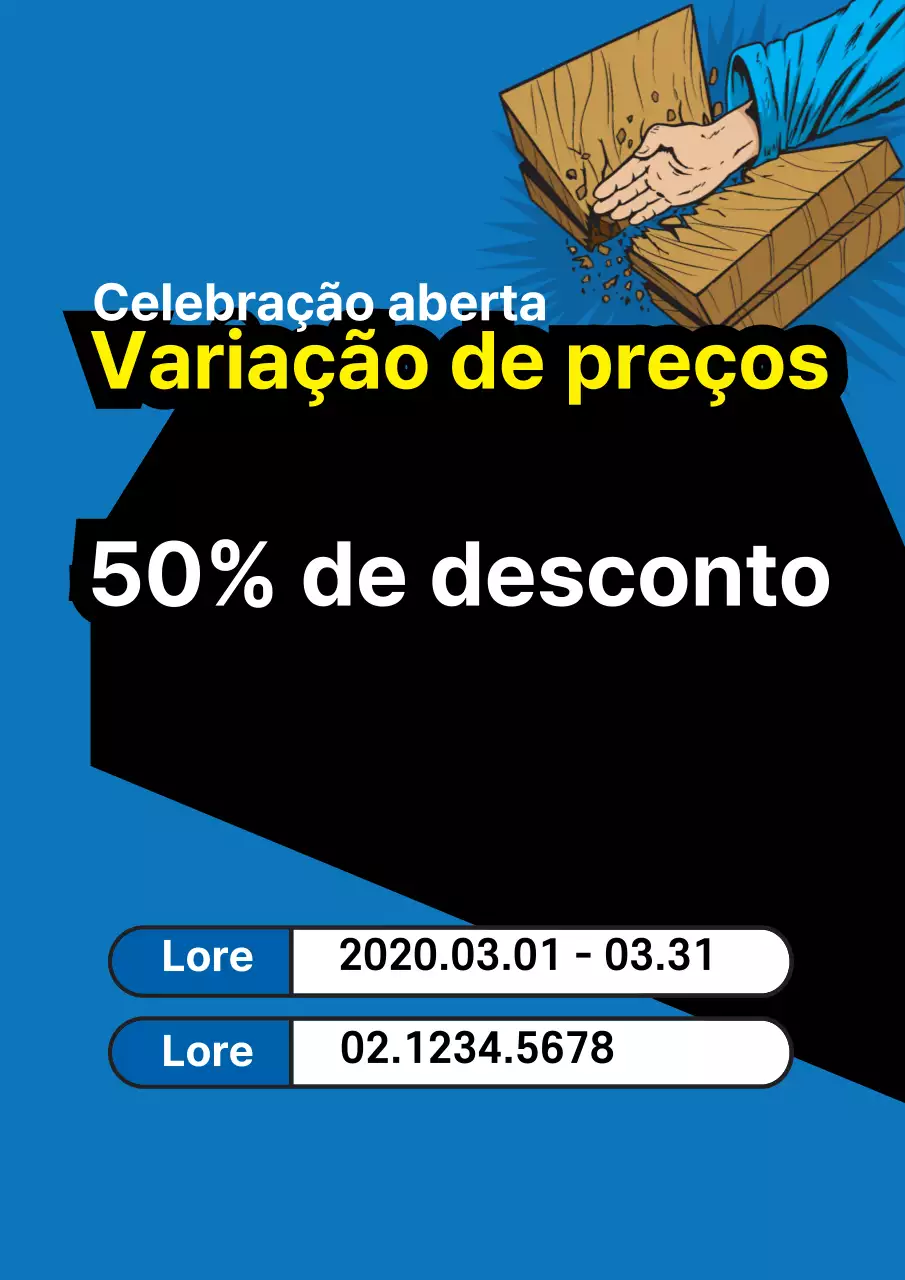 Folheto de promoção de um evento de venda para celebrar a abertura, com toques simples de azul e amarelo