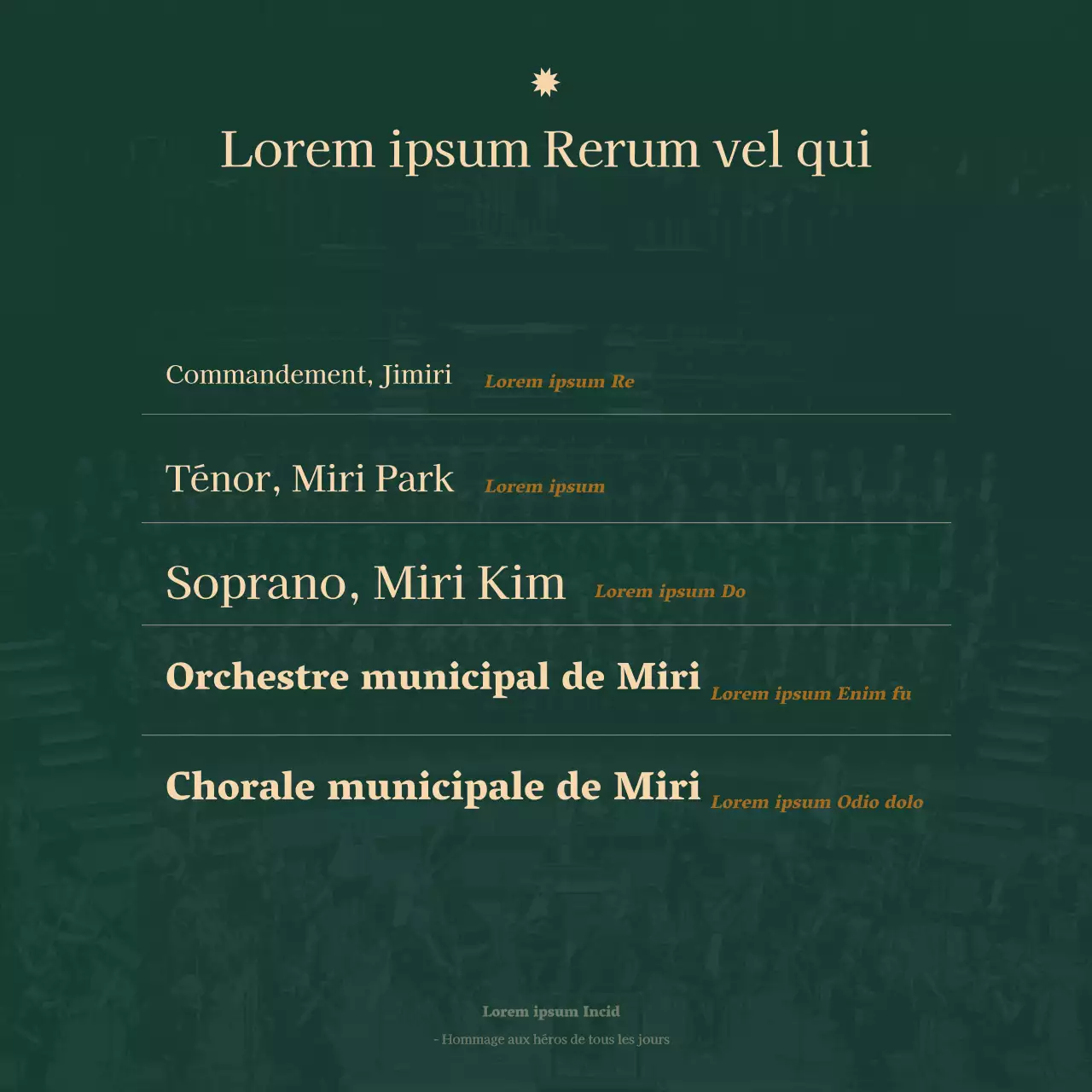 Une annonce de concert orchestral épurée dans une police à empattement avec de luxueuses nuances de beige et de vert foncé.