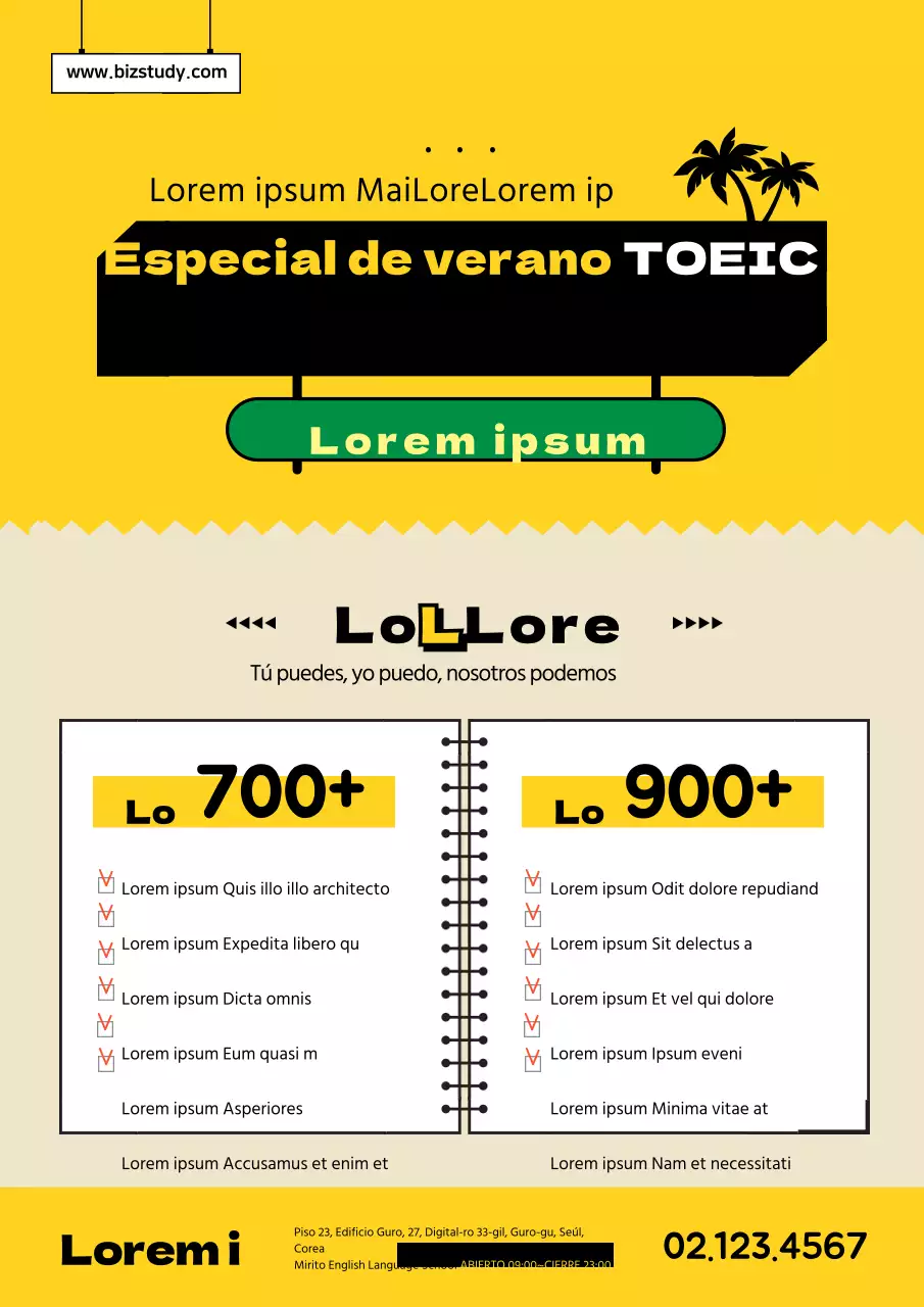 Iconos y texto en amarillo y negro para promocionar TOEIC