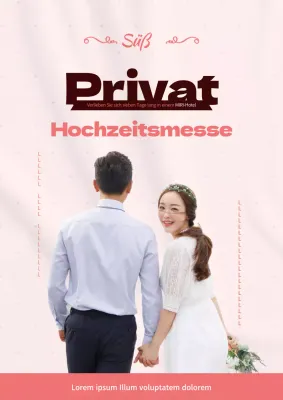 Werbung für eine Hochzeitsmesse mit rosafarbenen Fotos von Braut und Bräutigam