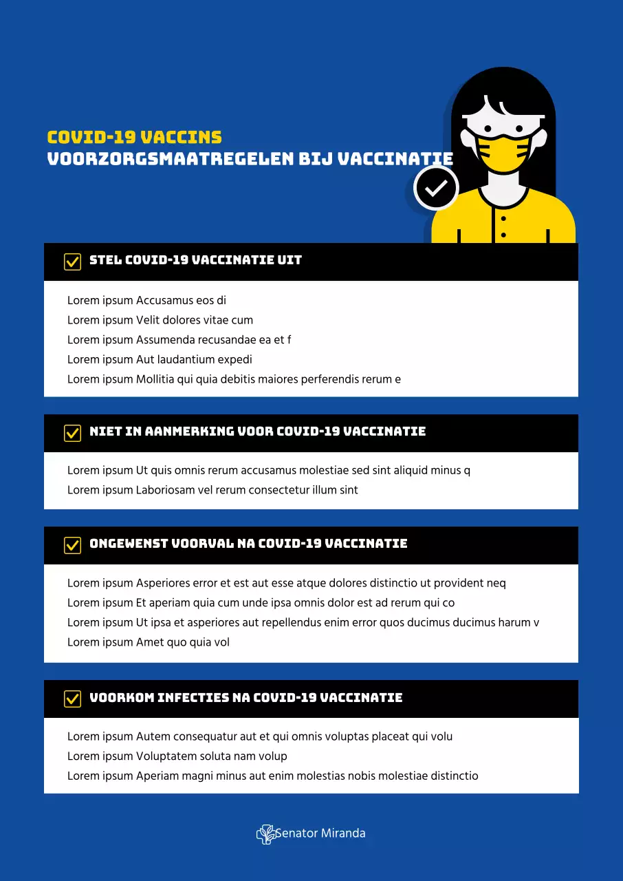 Coronavirusvaccinatie verticale poster met illustraties en tabellen in blauwe tinten.