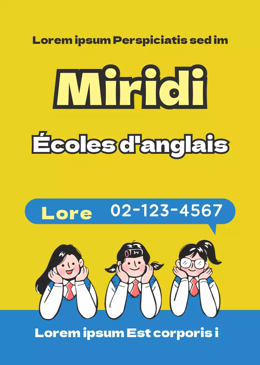 Illustration d'un personnage bleu jaune Promotion d'une école anglaise