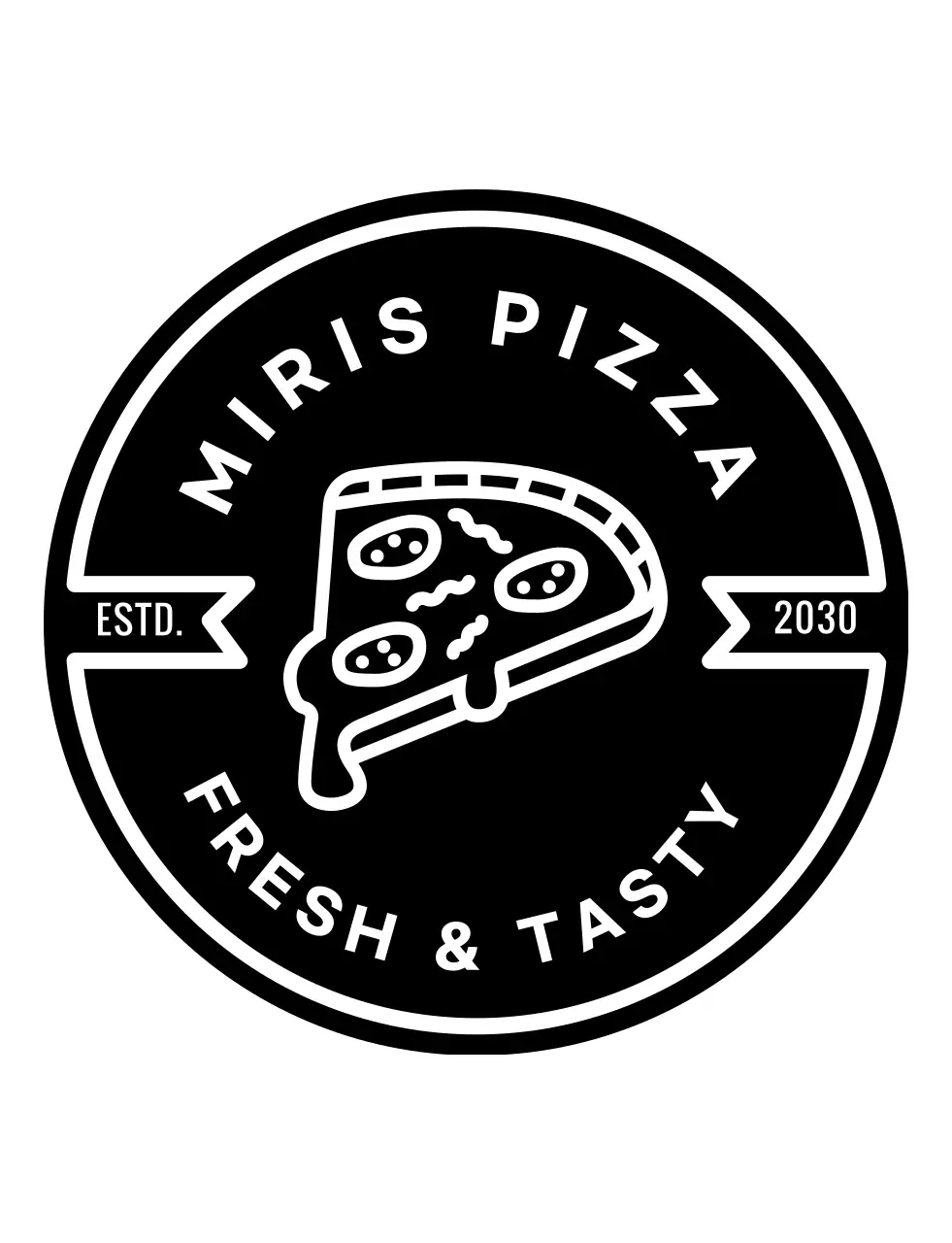 黒のすっきりしたヴィンテージバッジ型のシンボル型ロゴピザ。