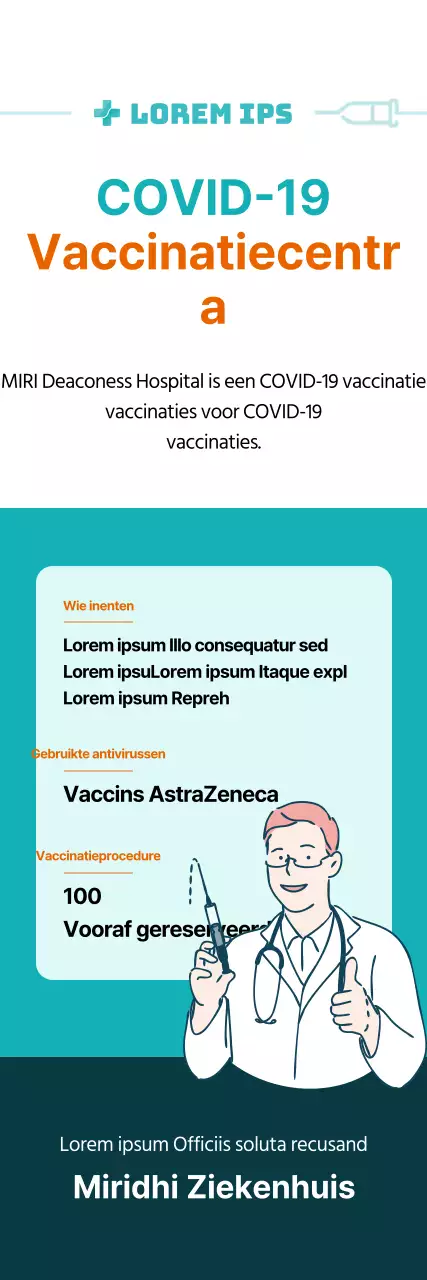 Coronavirusvaccinatie X-banner met illustraties en tabellen in mint en oranje