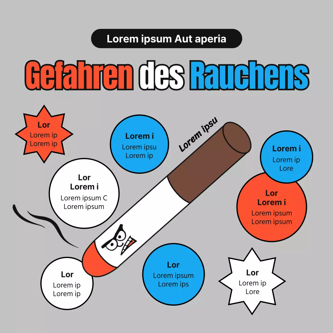 Einfache, niedliche Illustrationen in Rot, Blau und Grau zur Raucherentwöhnung