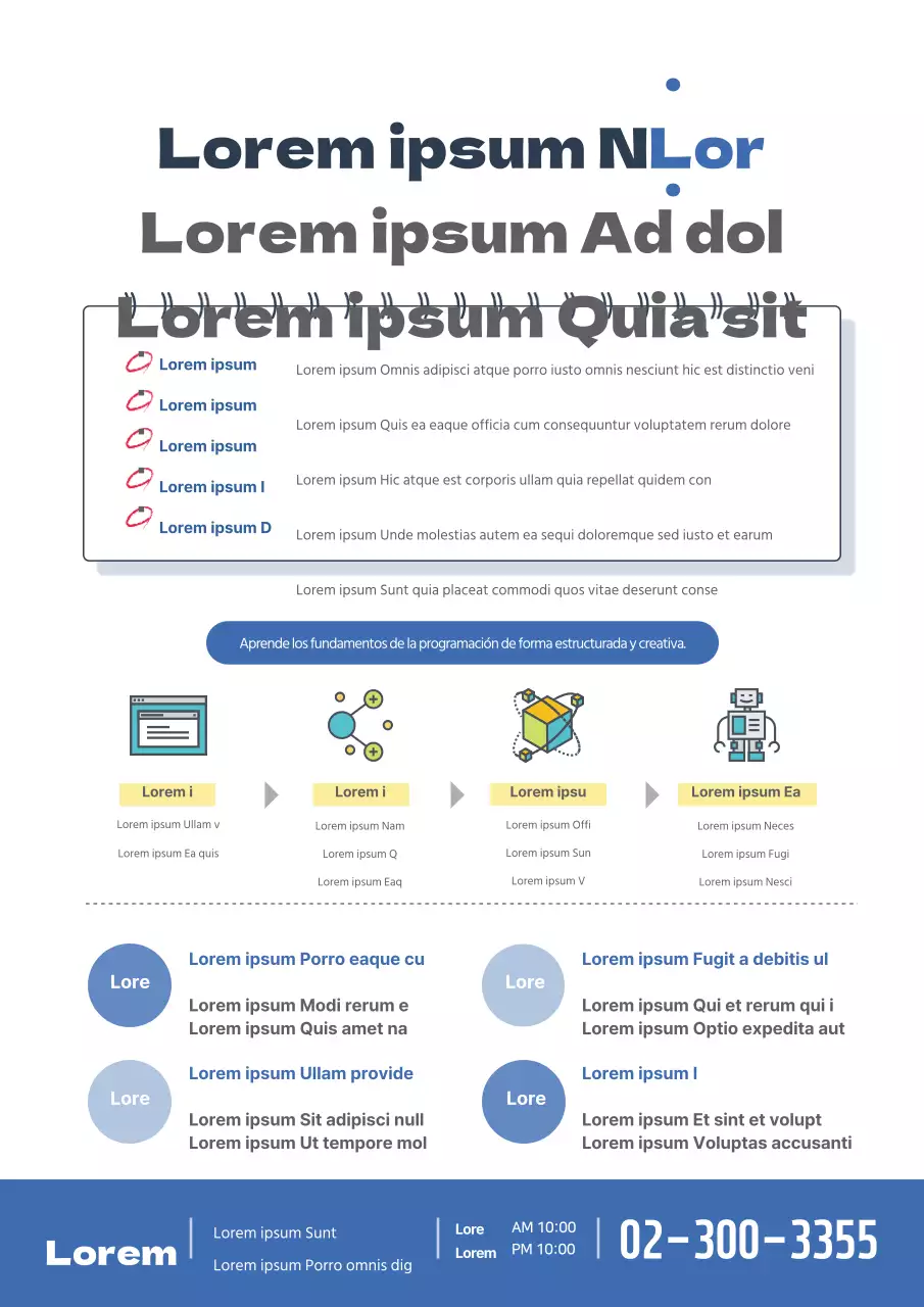 Promociona Bizcoding Labs con iconos azules relacionados con la ciencia
