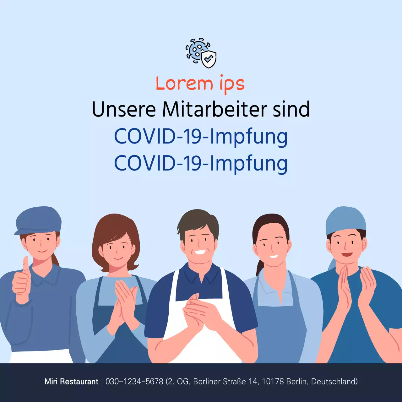 Quadratisches Coronavirus-Impfplakat mit blauer Illustration