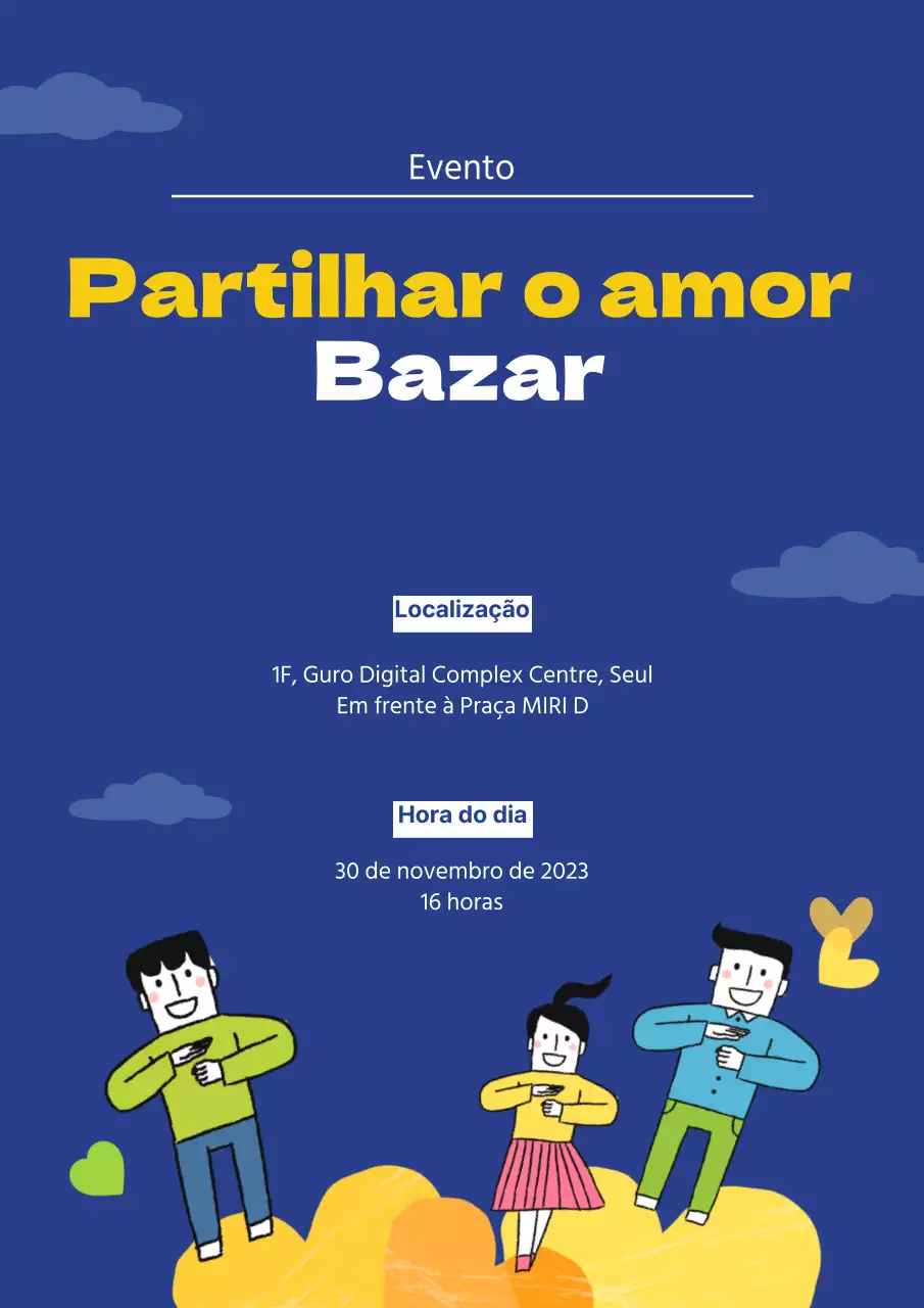 Um bonito cartaz de evento de venda de bolos para caridade em azul.