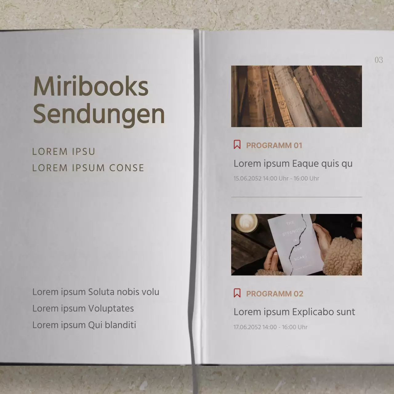 Informationen zu den Exponaten der beigefarbenen und schwarzen Buchmesse